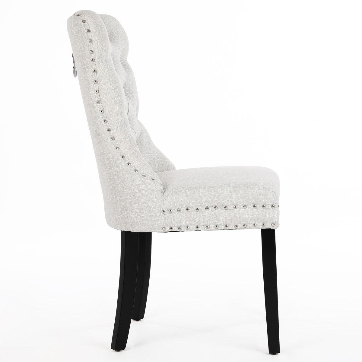 Chanel Scoop Back Dining Chairs with Ring Handle (Set of 2, Beige Fabric / Black Legs)