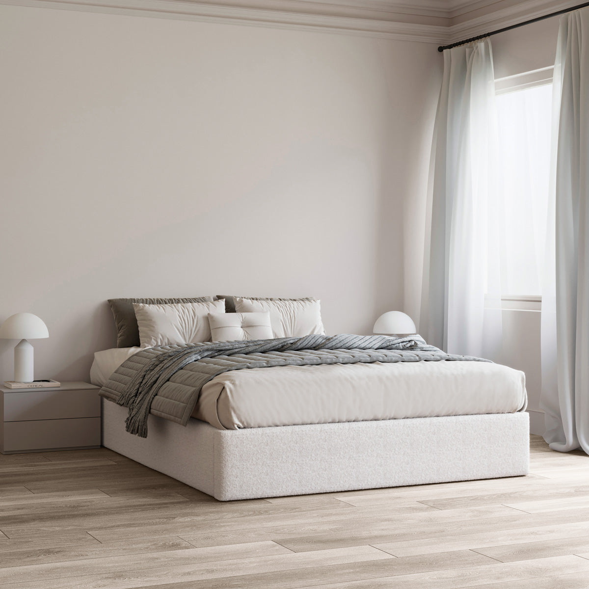 Marlo Upholstered Bed Base (Snow White Boucle Fabric)