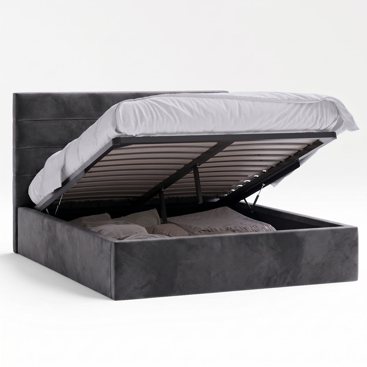 Benny Gas Lift Storage Bed Frame (Fossil Grey Velvet Fabric)