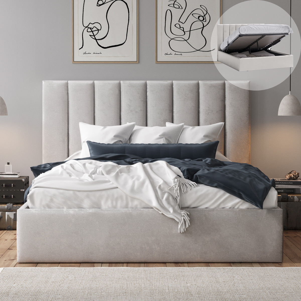 Celine Gas Lift Storage Bed Frame (Taupe Velvet)