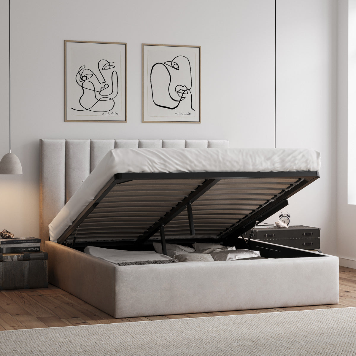 Celine Gas Lift Storage Bed Frame (Taupe Velvet)