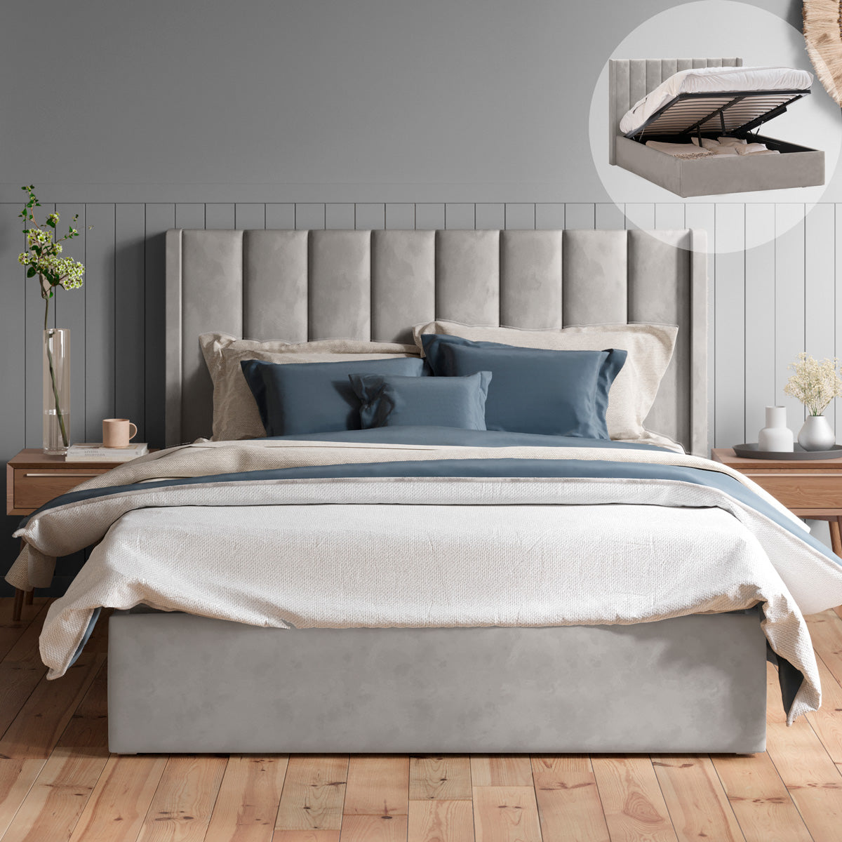 Emilie Gas Lift Storage Wing Bed Frame (Taupe Velvet)