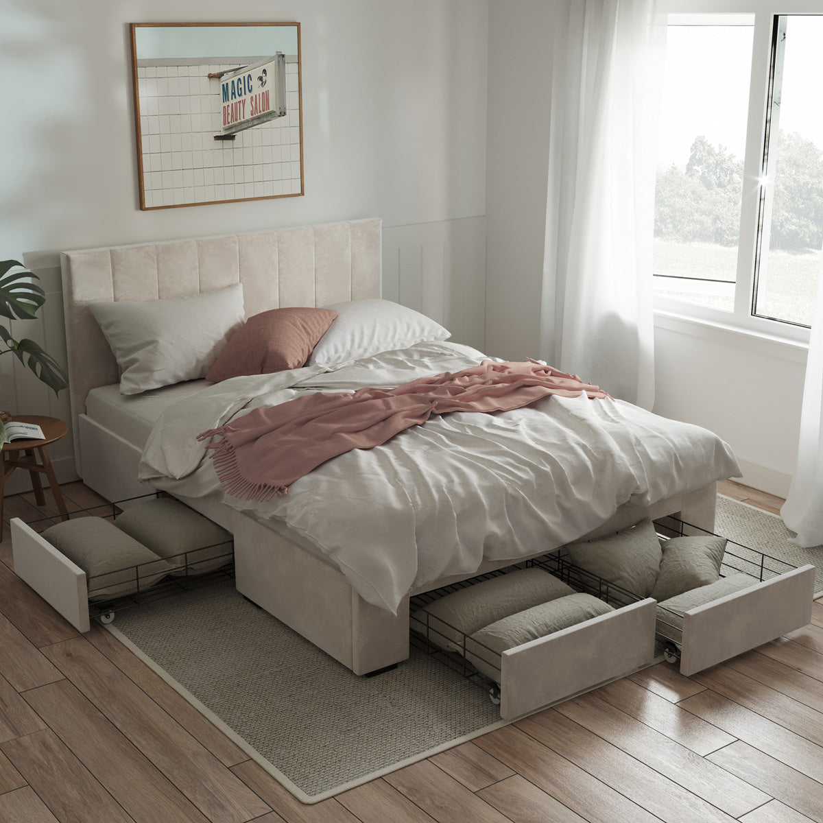 Ormond Storage Bed Frame with Four Extra Large Drawers (Taupe Velvet)