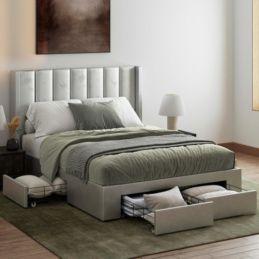 Emilie Winged Storage Bed Frame with Four Extra Large Drawers (Taupe Velvet)