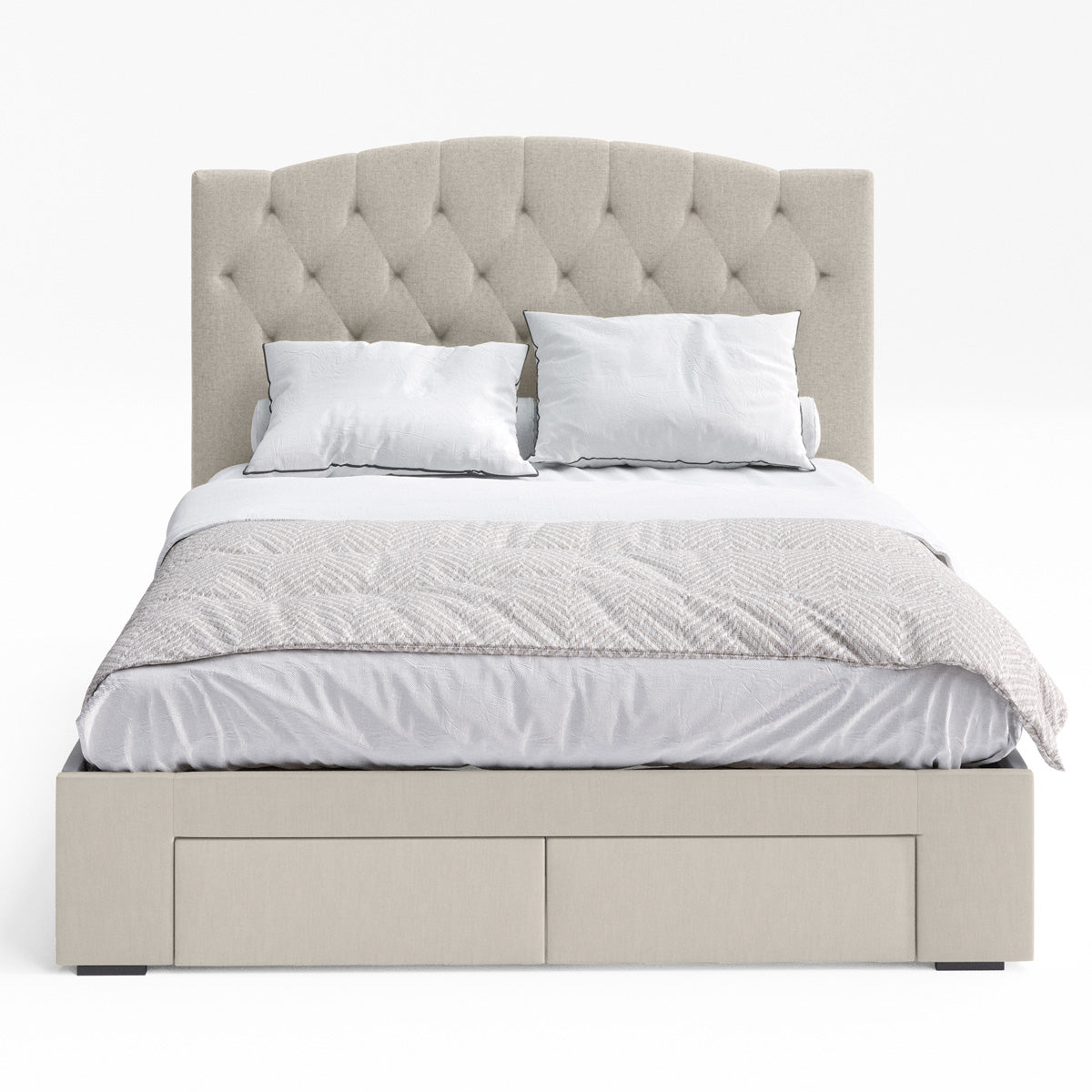 Charlotte Curved Bed Frame with Four Extra Large Storage Drawers (Natural Beige Fabric)