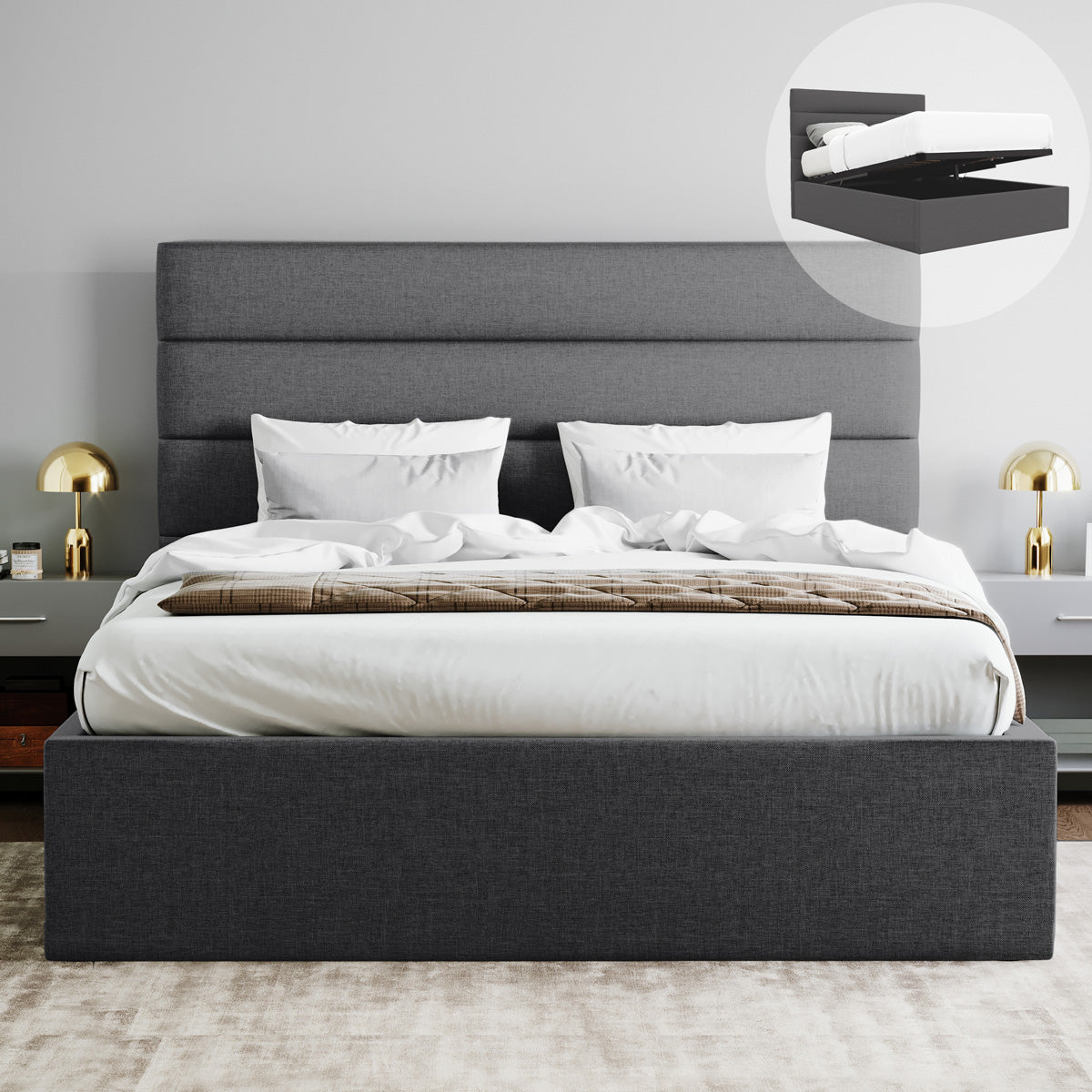 Benny Gas Lift Storage Bed Frame (Charcoal Fabric)