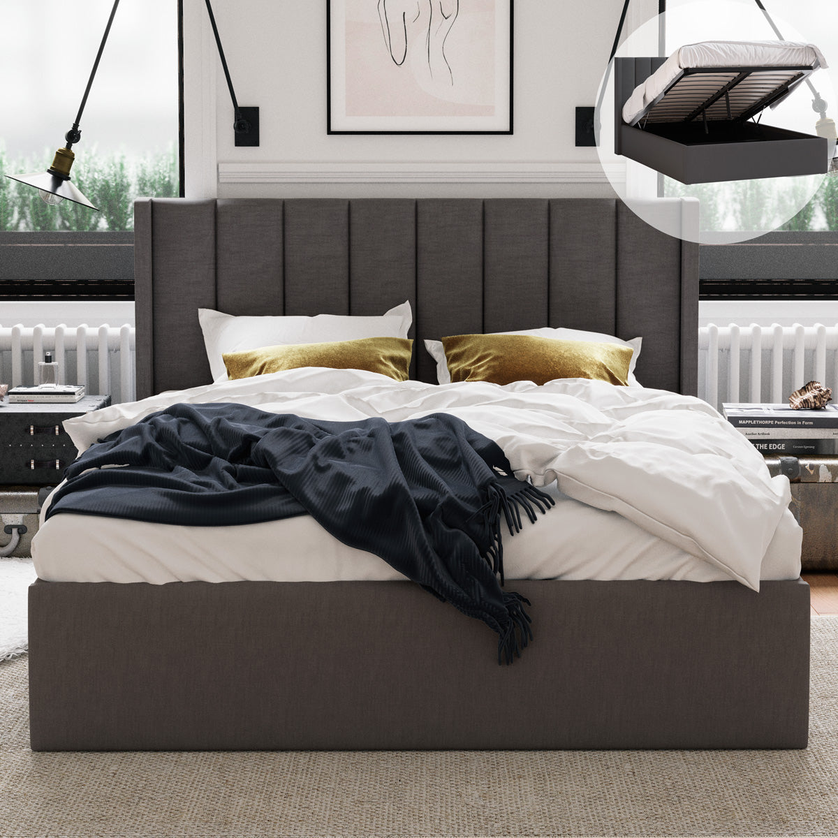 Emilie Gas Lift Storage Wing Bed Frame (Charcoal Fabric)