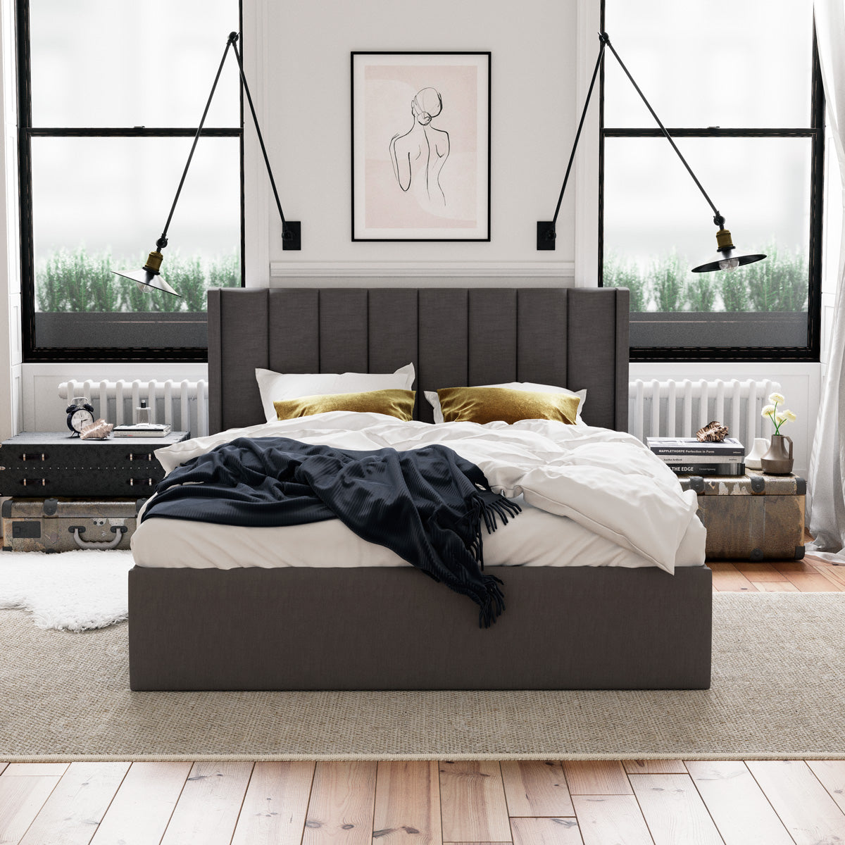 Emilie Gas Lift Storage Wing Bed Frame (Charcoal Fabric)