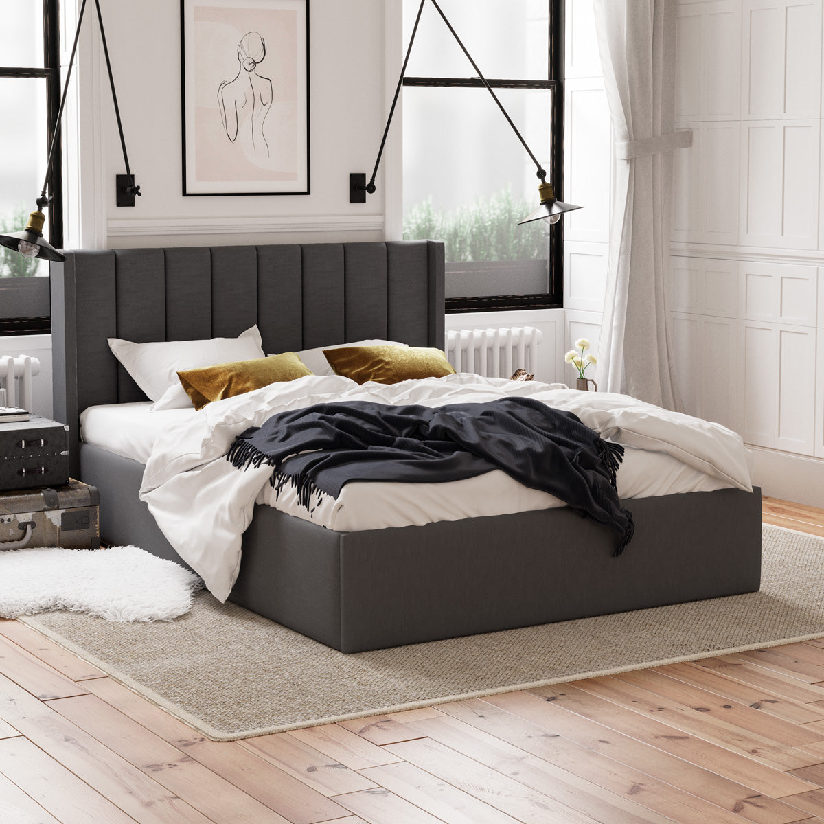 Emilie Gas Lift Storage Wing Bed Frame (Charcoal Fabric)