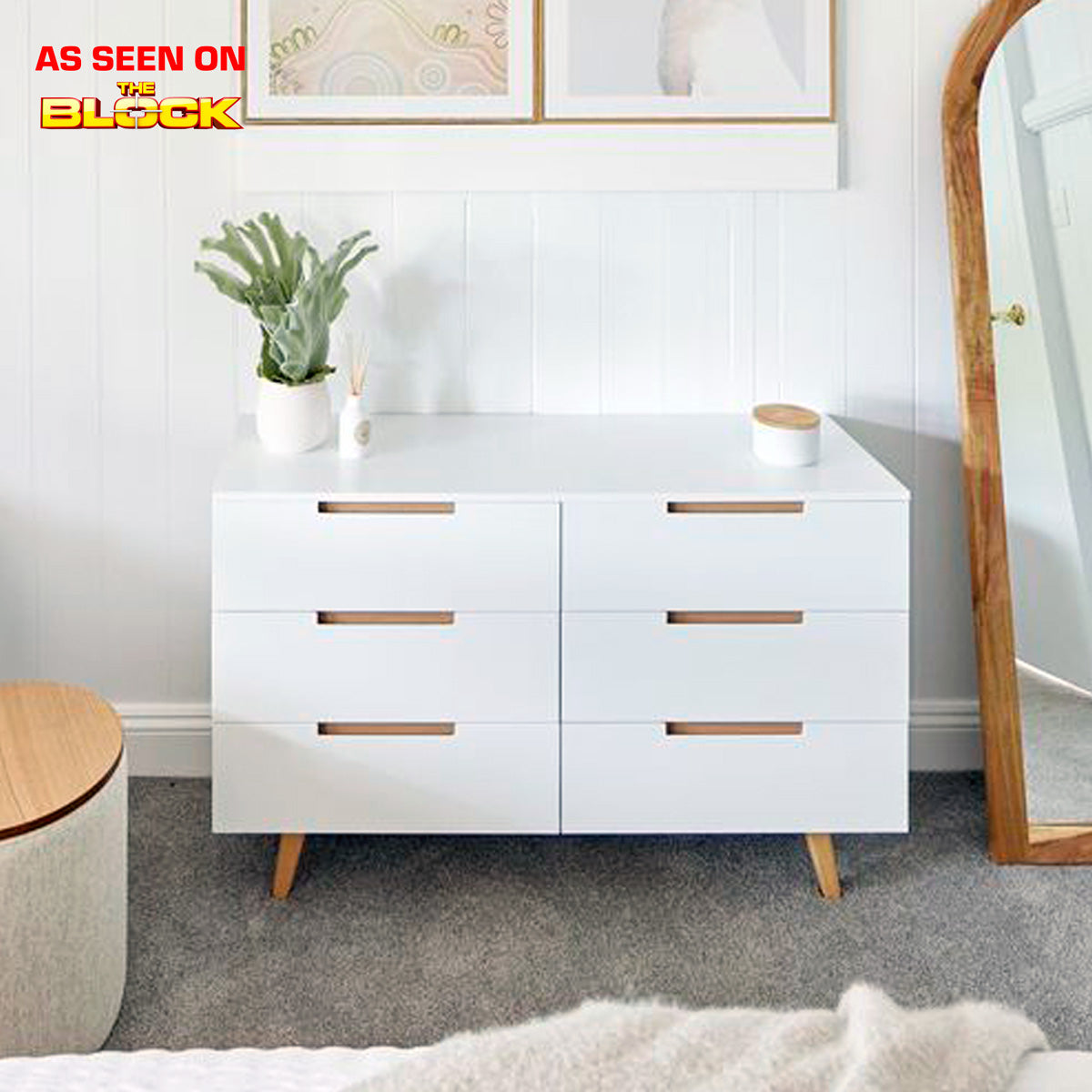 White Six Drawer Wooden Dresser Lowboy Chest with Solid Oak Legs (Olsen)