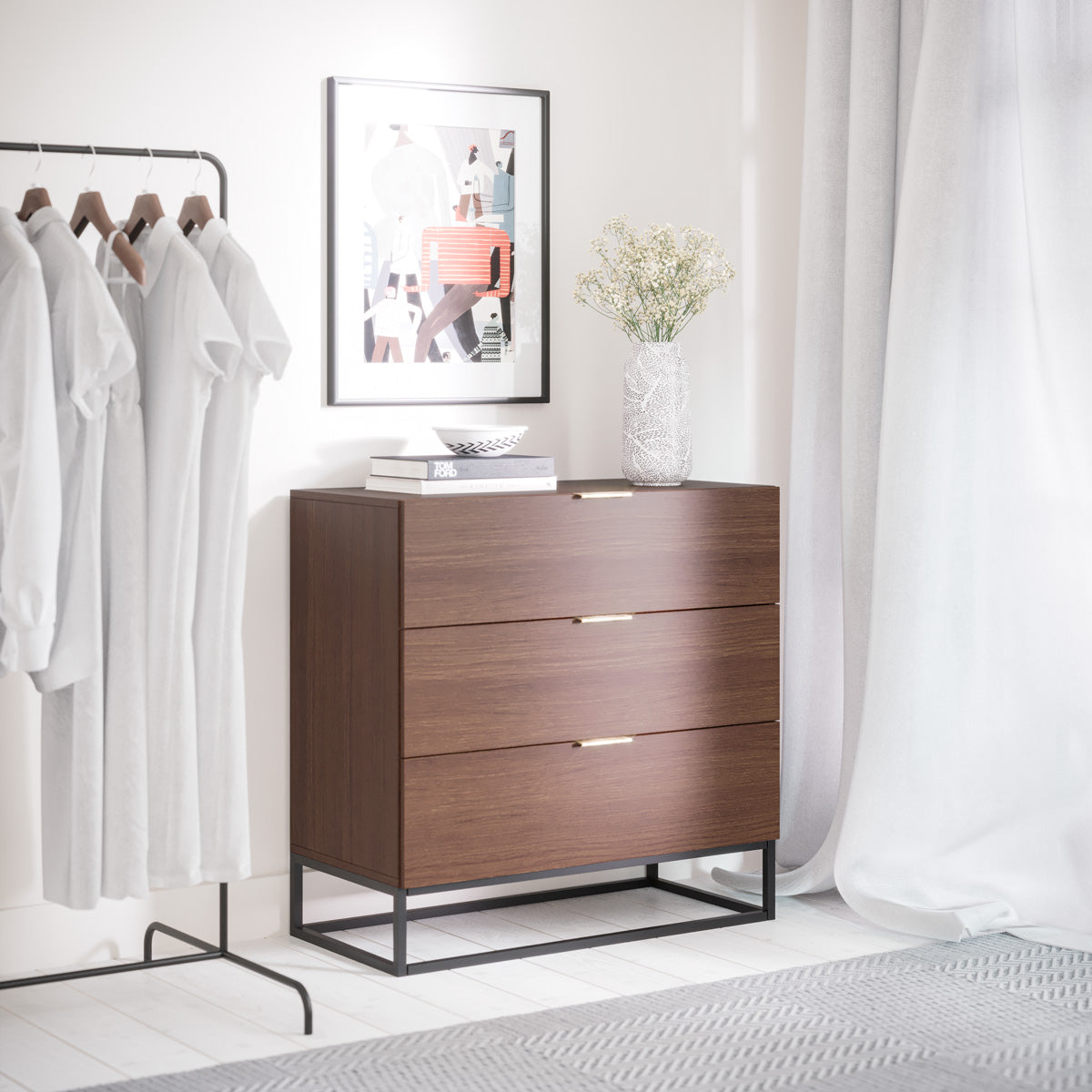 Walnut Three Drawer Wooden Chest of Drawers With Metal Base (Darcy Collection)