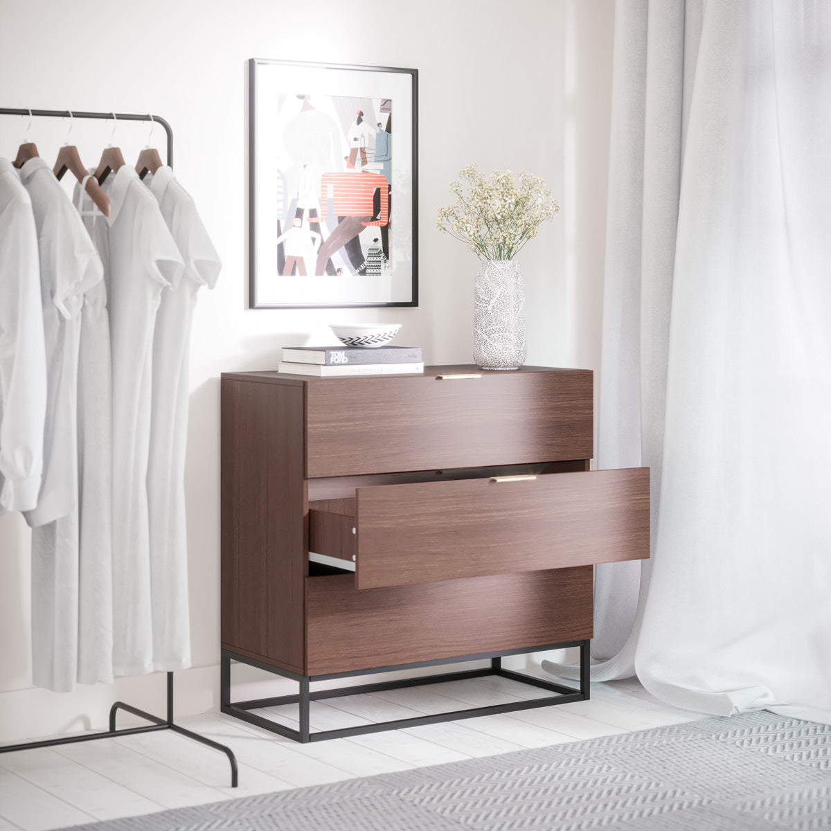 Walnut Three Drawer Wooden Chest of Drawers With Metal Base (Darcy Collection)