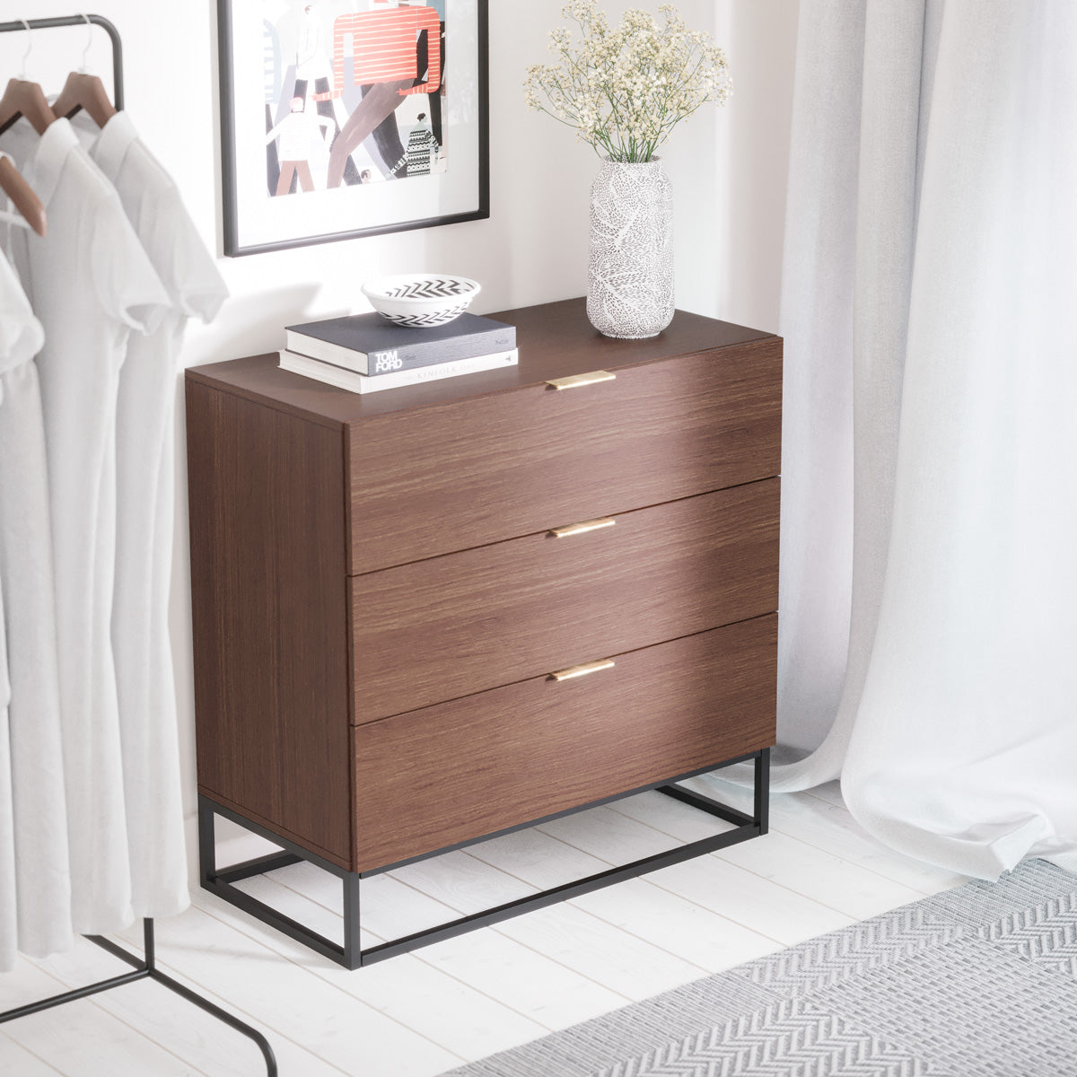 Walnut Three Drawer Wooden Chest of Drawers With Metal Base (Darcy Collection)