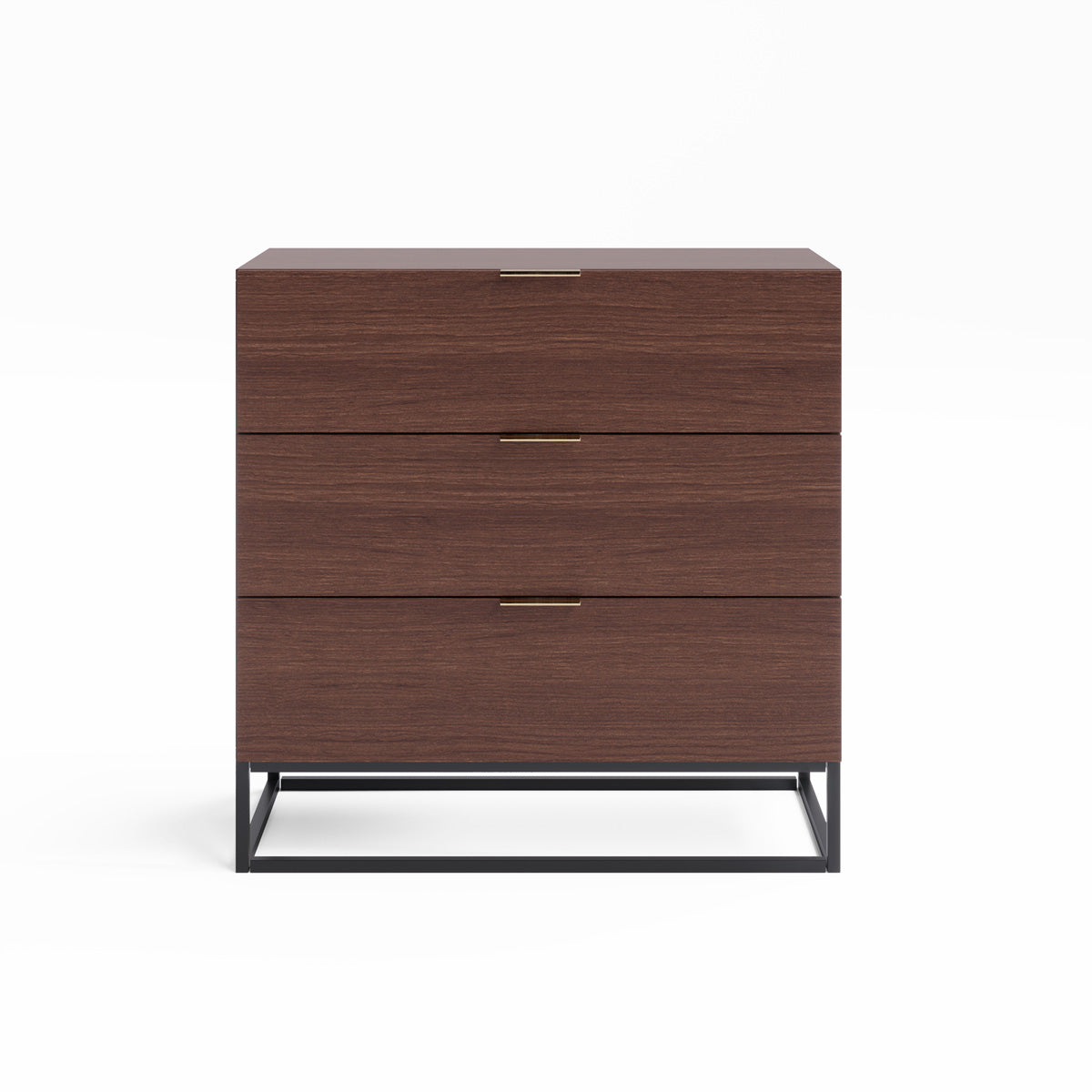 Walnut Three Drawer Wooden Chest of Drawers With Metal Base (Darcy Collection)