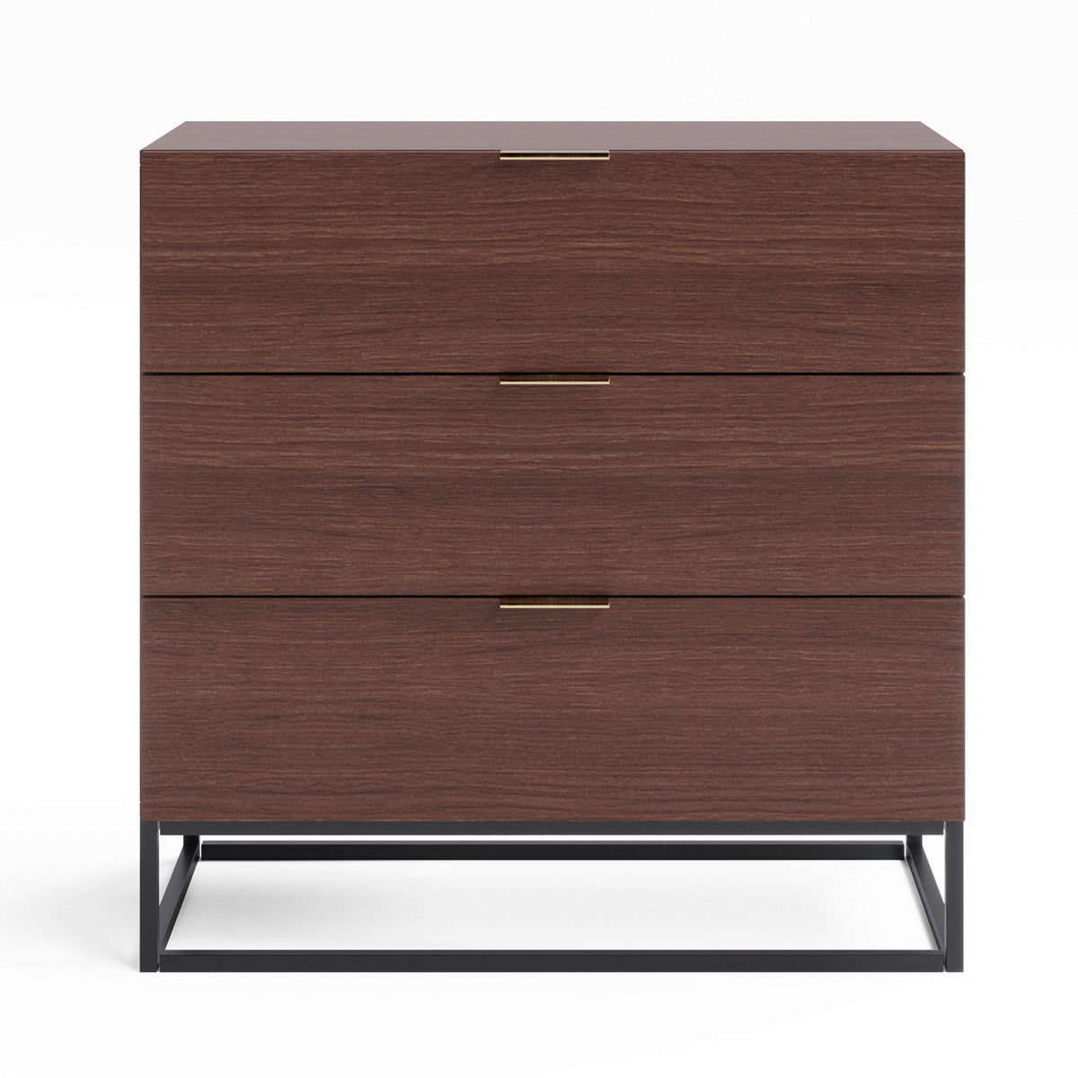 Walnut Three Drawer Wooden Chest of Drawers With Metal Base (Darcy Collection)