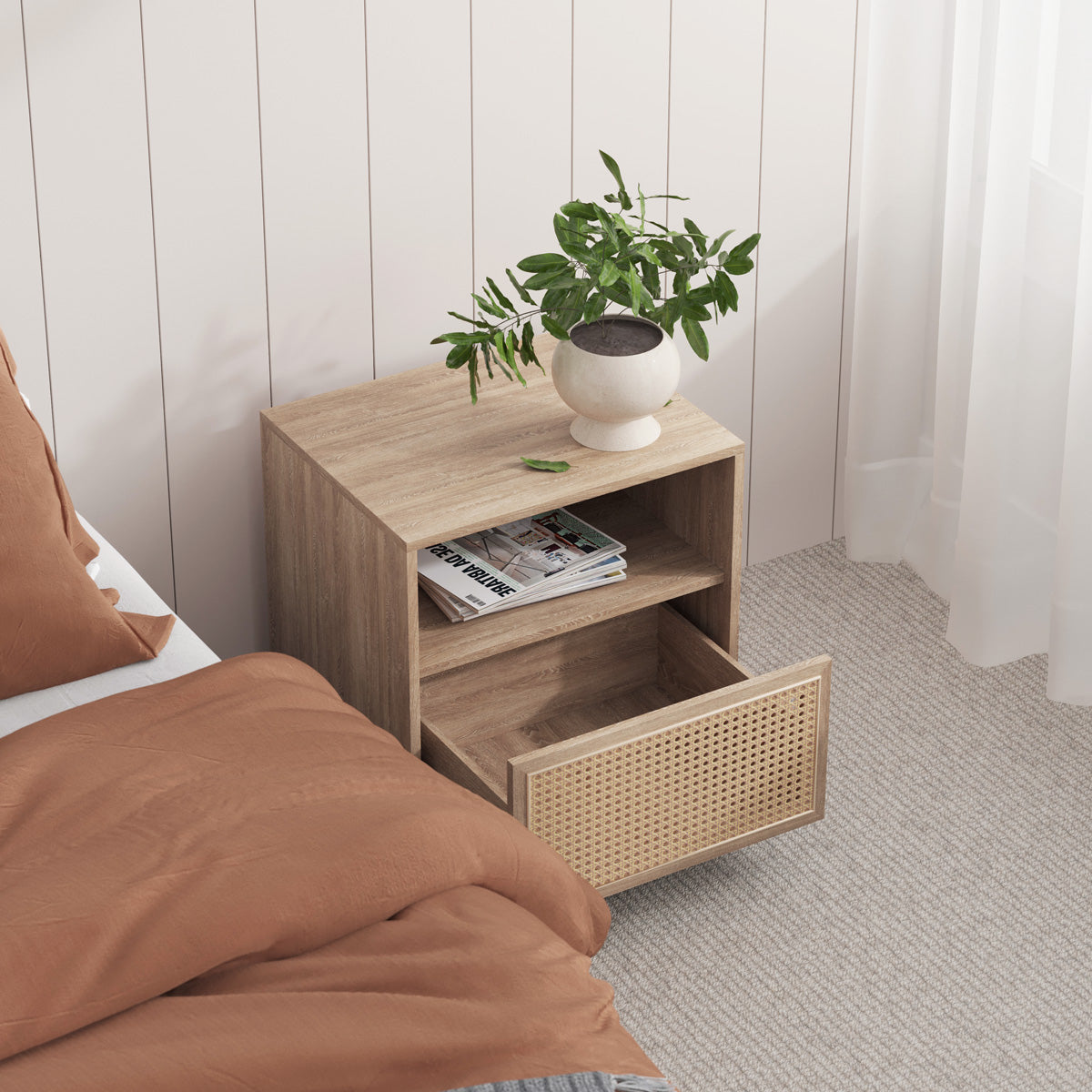 Bedside Table With Natural Rattan (Globe Collection)