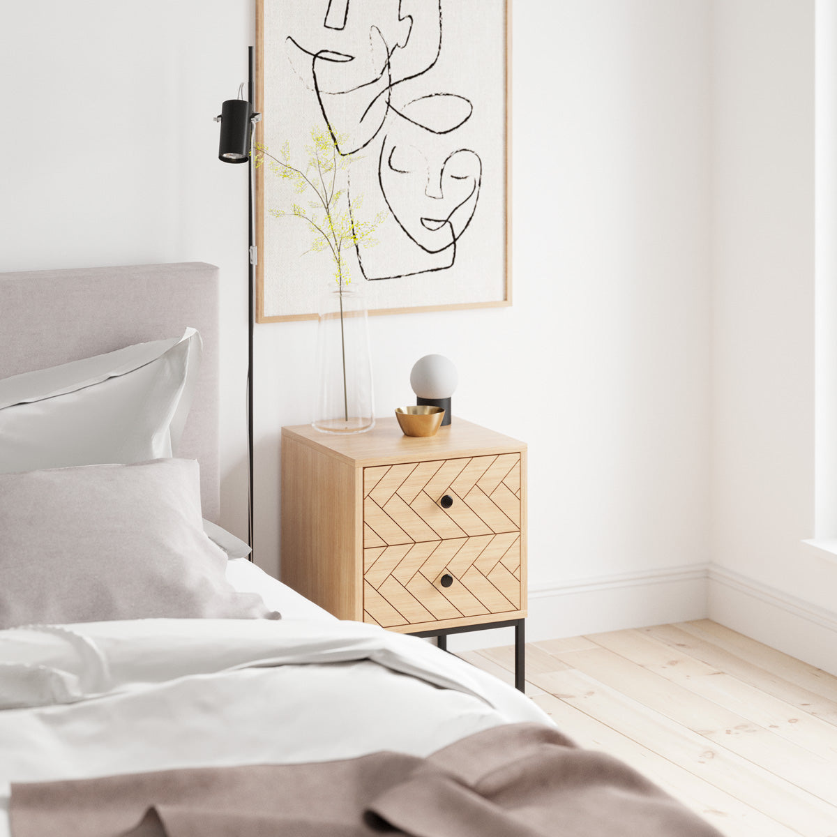Oak Colour Wooden Bedside Table (Carve Collection)