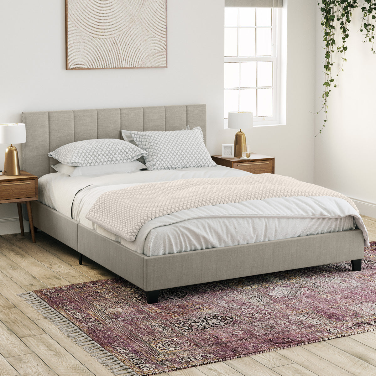 Beige Ormond Fabric Bed Frame with Heston Bedside Tables Package