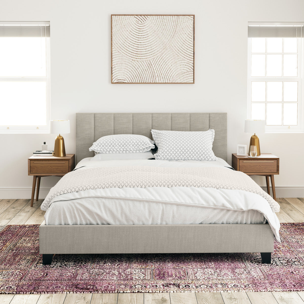 Beige Ormond Fabric Bed Frame with Heston Bedside Tables Package