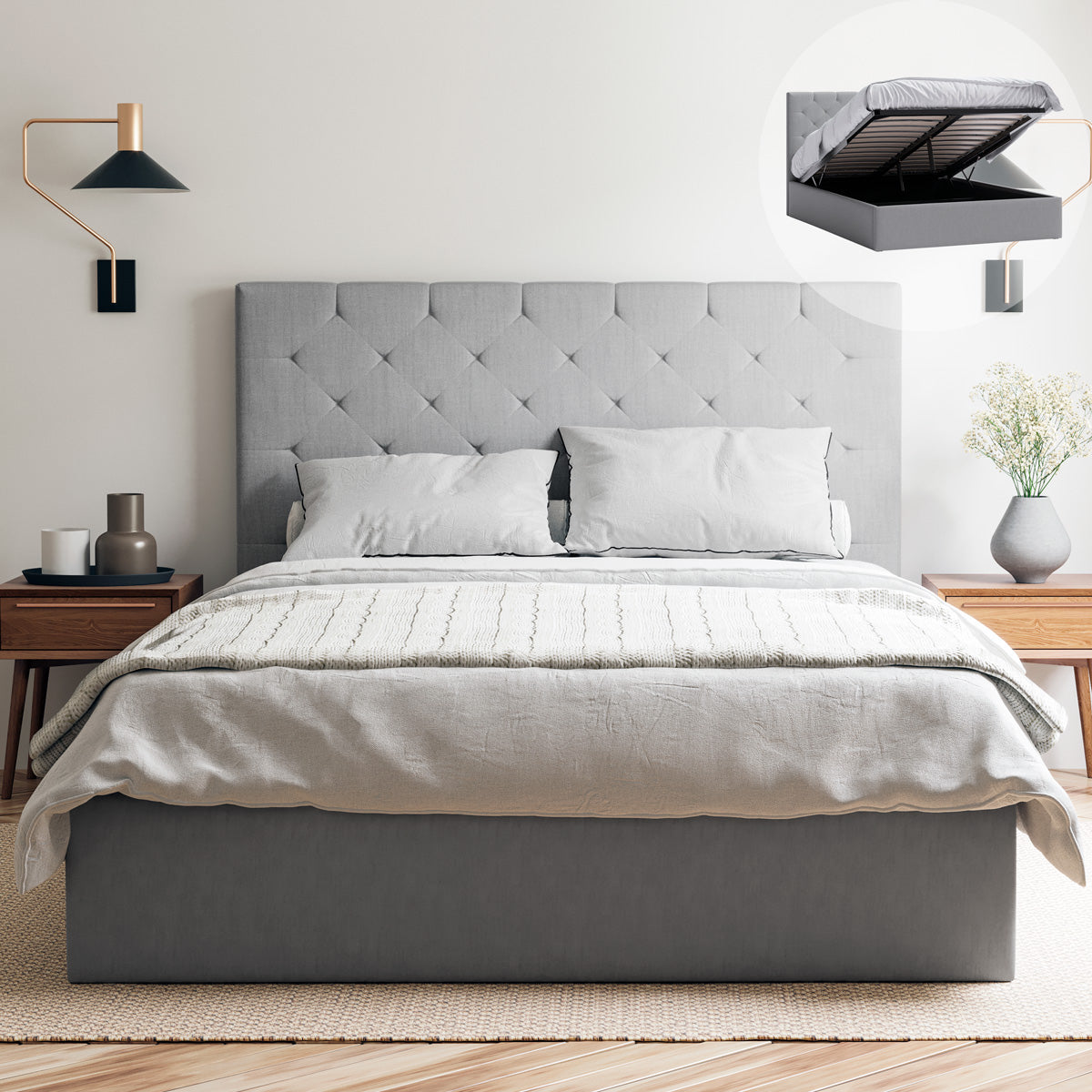 Webster Gas Lift Storage Bed Frame (Grey Fabric)