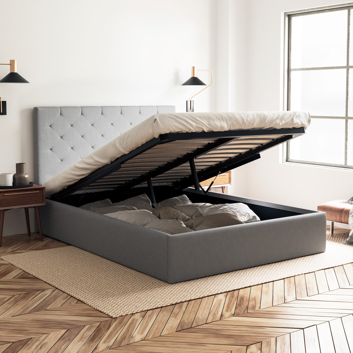 Webster Gas Lift Storage Bed Frame (Grey Fabric)