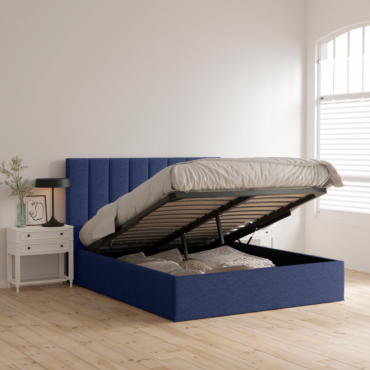 Celine Gas Lift Storage Bed Frame (Dark Navy Blue Corduroy Velvet)