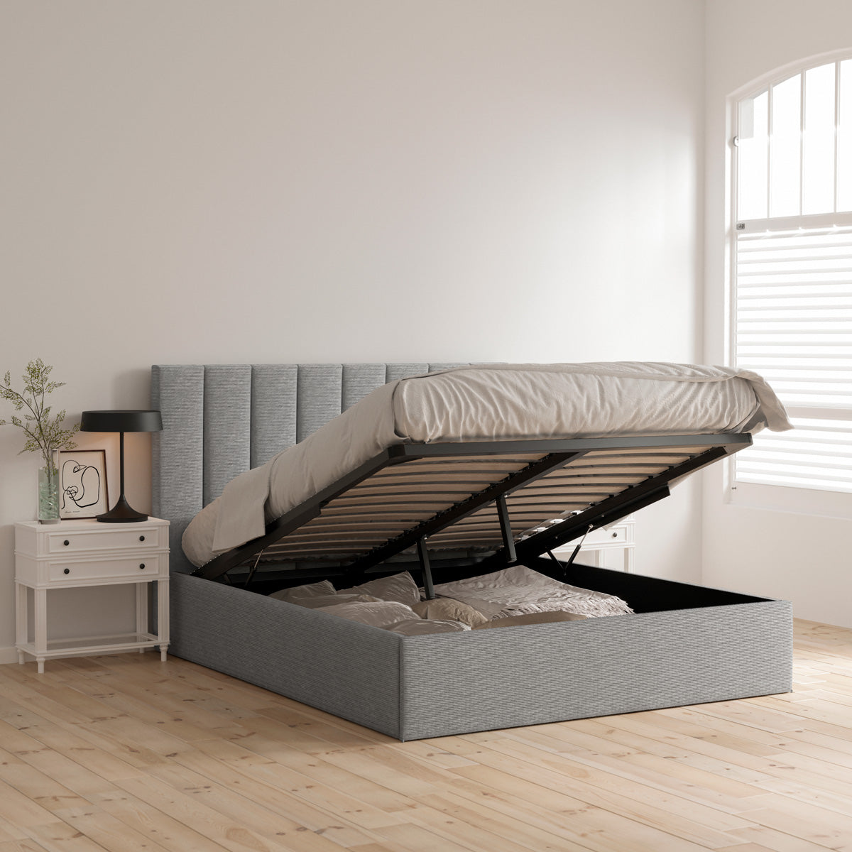 Celine Gas Lift Storage Bed Frame (Grey Corduroy Velvet)