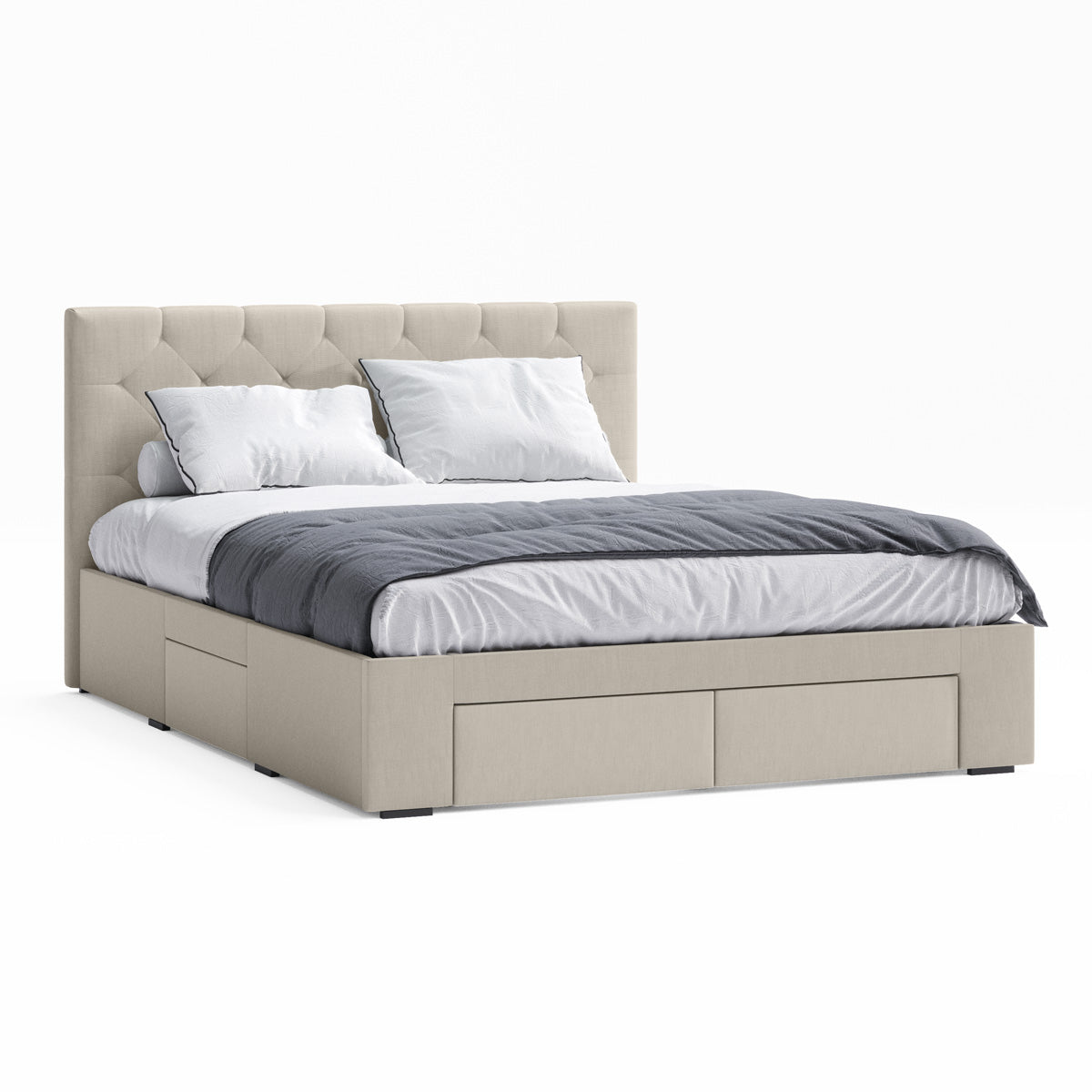 Webster Bed Frame with Four Storage Drawers (Natural Beige Fabric)