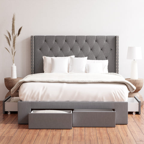Leonora Wing Bed Frame with Four Storage Drawers (Charcoal Fabric)