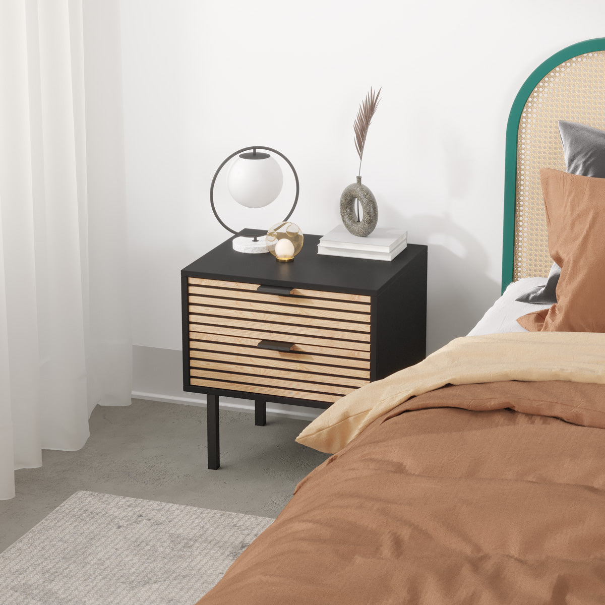 Black Wooden Bedside Table with Slatted Drawers (Zen Collection)
