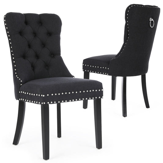 Chanel Scoop Back Dining Chairs with Ring Handle (Set of 2, Black Fabric / Black Legs)