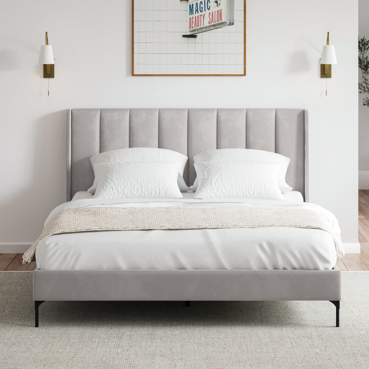 Brooklyn Fabric Wing Bed Frame (Taupe White Velvet)