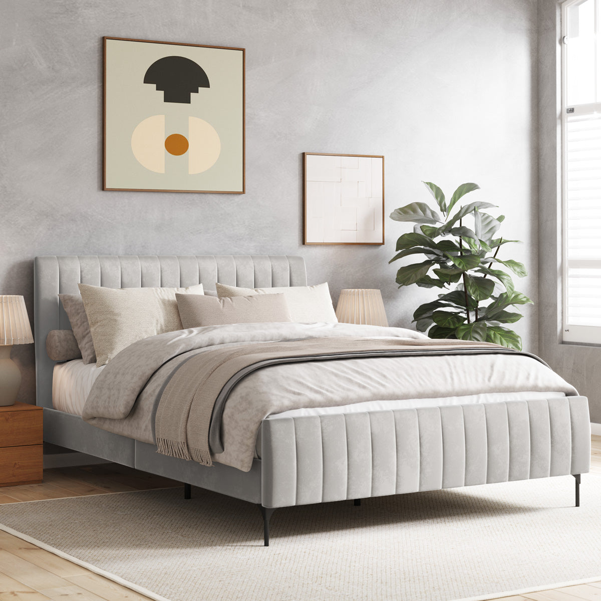 Coco Velvet Fabric Upholstered Bed Frame (Taupe White)