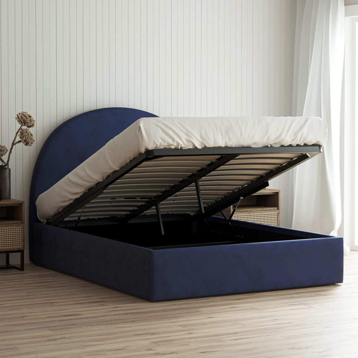 Arch Gas Lift Storage Bed Frame (Navy Blue Velvet)