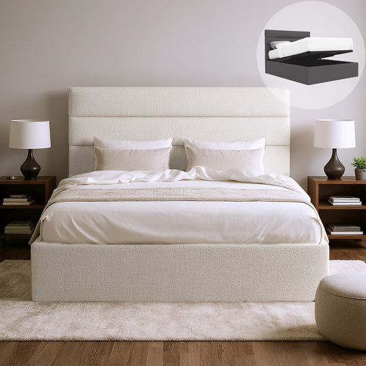 Benny Gas Lift Storage Bed Frame (Ivory White Boucle Fabric)