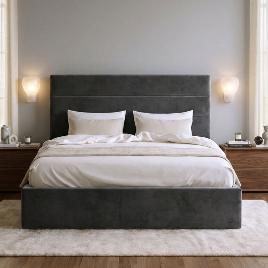 Benny Gas Lift Storage Bed Frame (Fossil Grey Velvet Fabric)