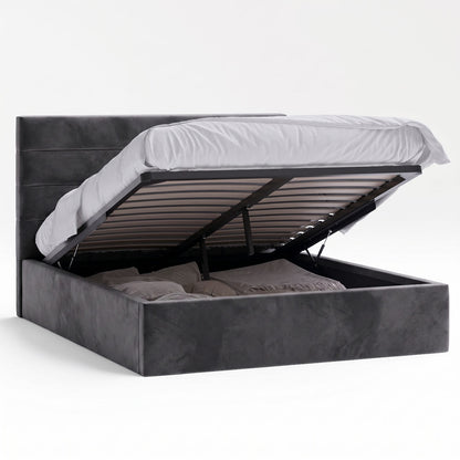 Benny Gas Lift Storage Bed Frame (Fossil Grey Velvet Fabric)