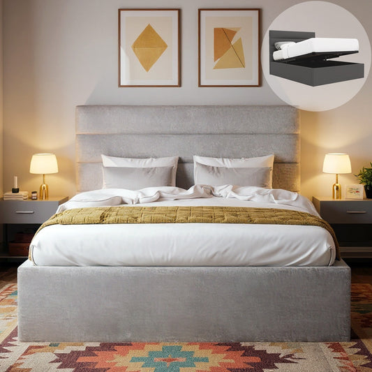 Benny Gas Lift Storage Bed Frame (Taupe Velvet Fabric)