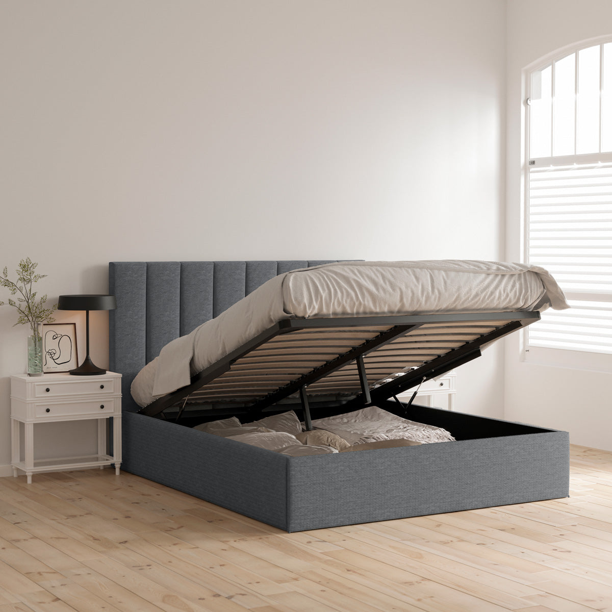 Celine Gas Lift Storage Bed Frame (Charcoal Corduroy Velvet)