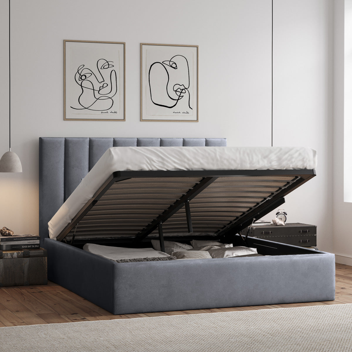 Celine Gas Lift Storage Bed Frame (Fossil Grey Velvet)