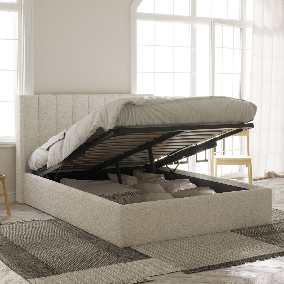 Emilie Gas Lift Storage Wing Bed Frame (Ivory White Boucle Fabric — free download