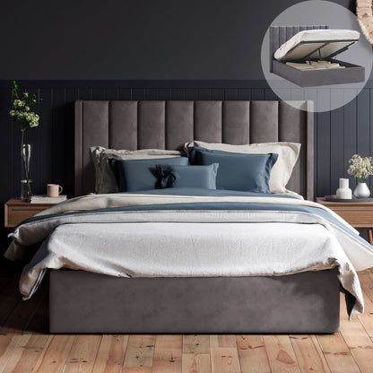 Emilie Gas Lift Storage Wing Bed Frame (Fossil Grey Velvet)