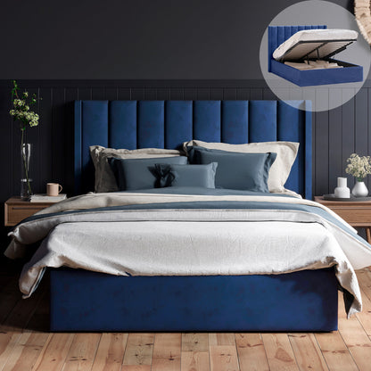 Emilie Gas Lift Storage Wing Bed Frame (Navy Blue Velvet)