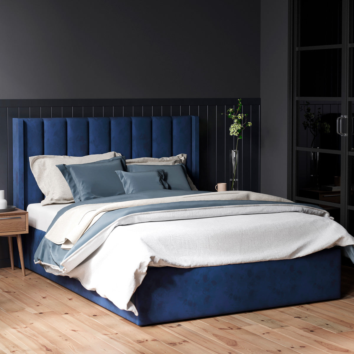 Emilie Gas Lift Storage Wing Bed Frame (Navy Blue Velvet)