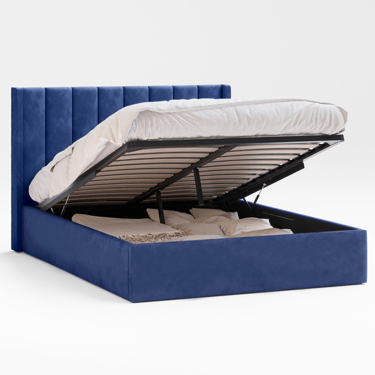 Emilie Gas Lift Storage Wing Bed Frame (Navy Blue Velvet)