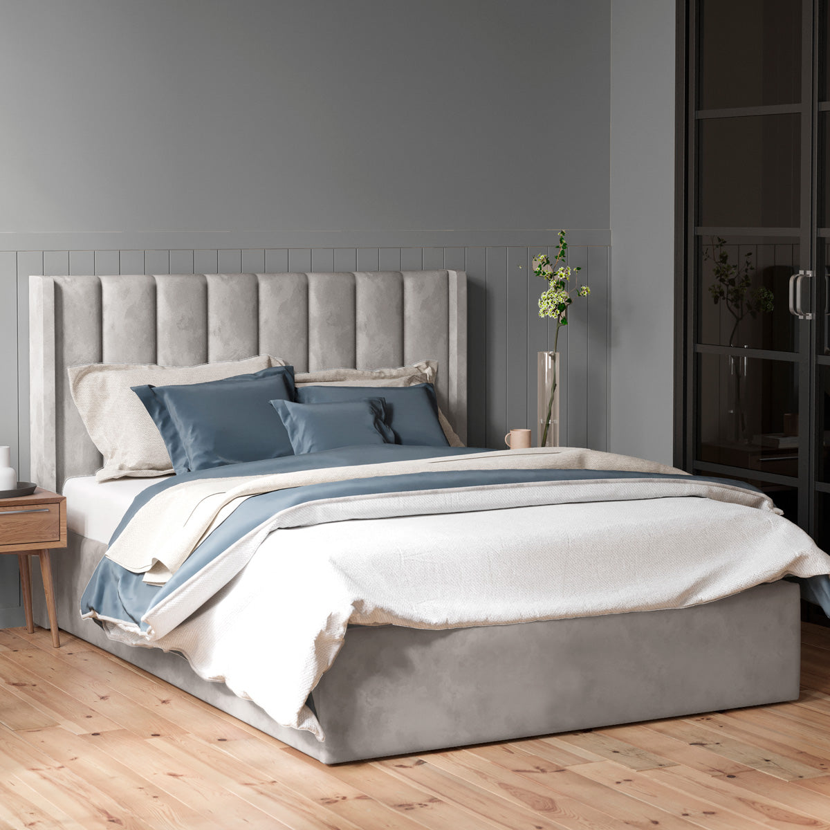 Emilie Gas Lift Storage Wing Bed Frame (Taupe White Velvet)