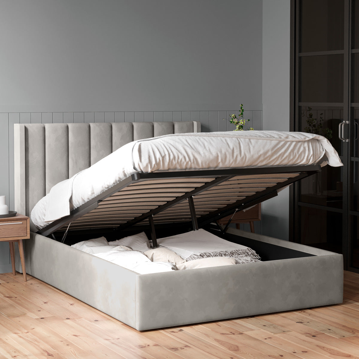 Emilie Gas Lift Storage Wing Bed Frame (Taupe White Velvet)