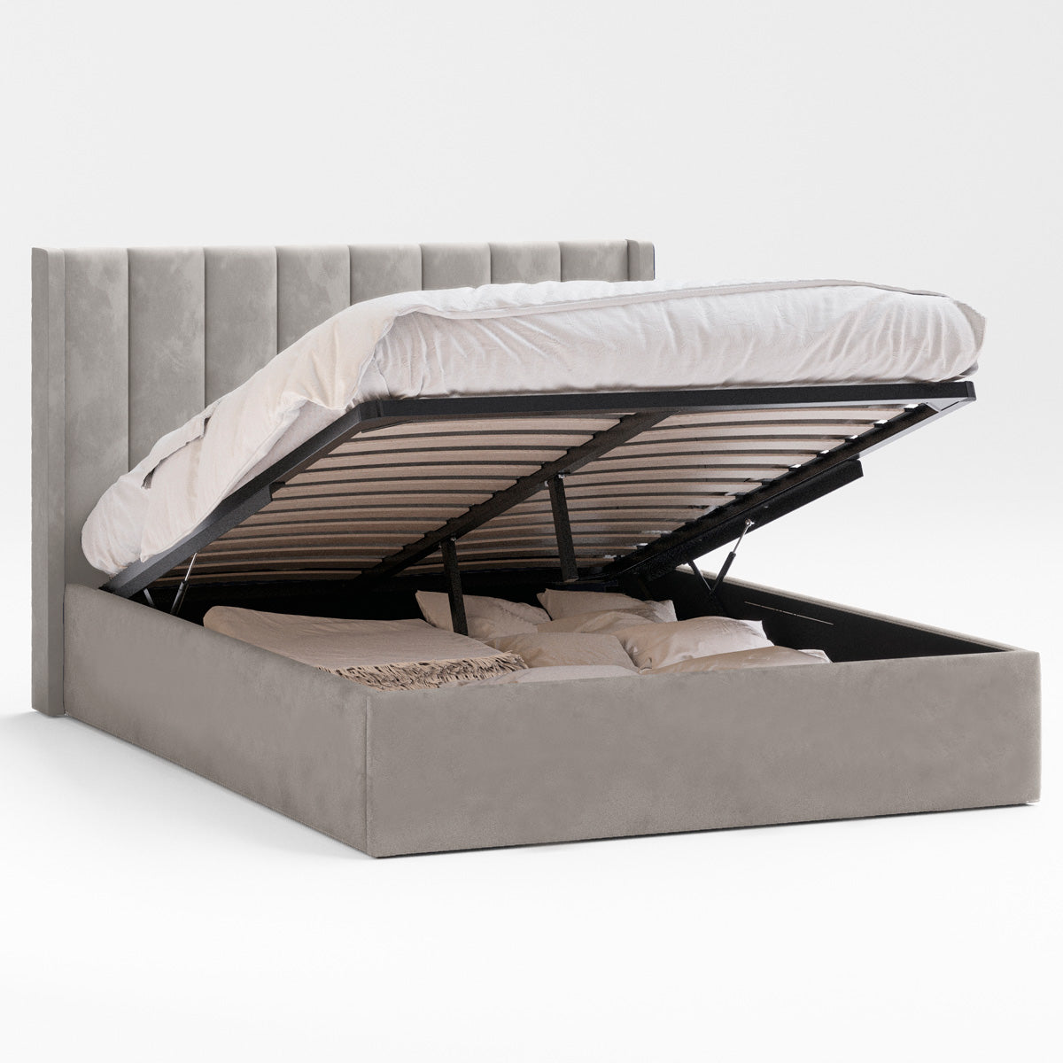 Emilie Gas Lift Storage Wing Bed Frame (Taupe White Velvet)