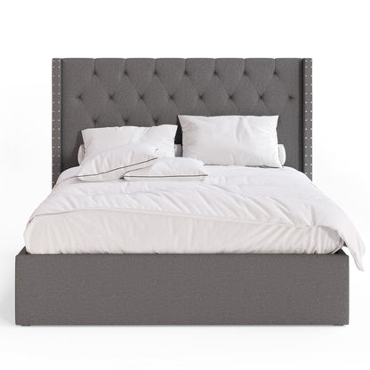 Leonora Gas Lift Storage Wing Bed Frame with Studs (Charcoal Fabric)