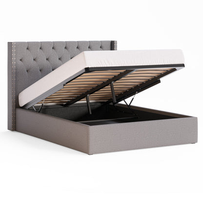 Leonora Gas Lift Storage Wing Bed Frame with Studs (Charcoal Fabric)